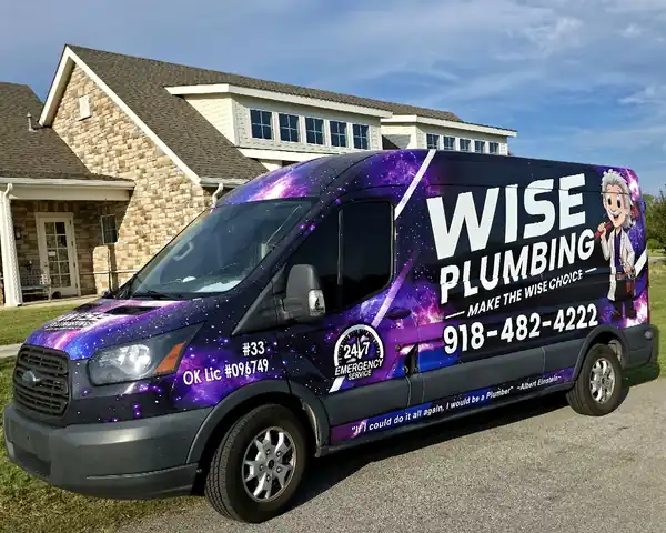 Wise Plumbing service van parked at a Tulsa home